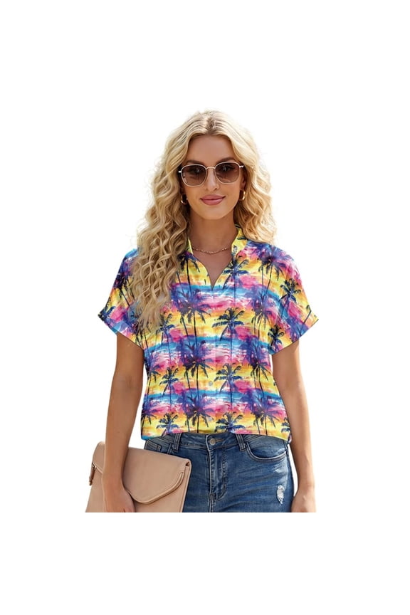 Colorful Palm Tree Pattern Women's Satin Silk Shirts Summer Casual Boho Short Sleeve Button Down Blouse V Neck Oversized Loose Ladies Tunic TopsSize, M