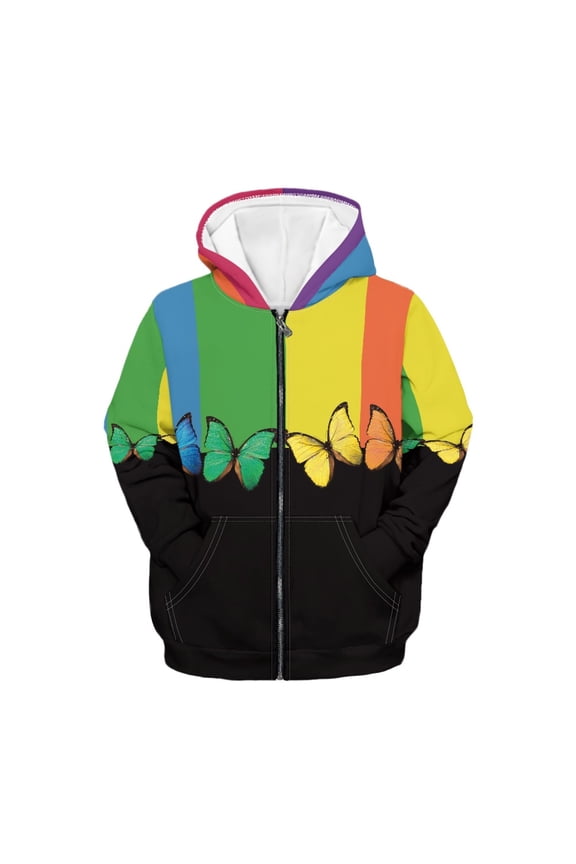 Colorful Stripe Butterfly Print Kids Casual Sweatshirt Zip up Hooded Sports Jacket with Pocket Boys Girls Teens Long Sleeve Athletic Hoodie Outwear, 14-16 Years