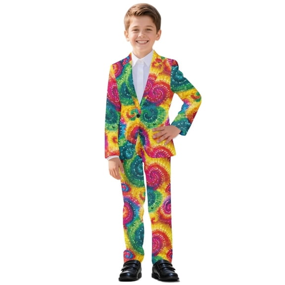 Xoenoiee Colorful Tie Dye Print Kids Suit 2 Piece Slim Fit Suits for Boys Wedding Prom Party Formal Toddler Tuxedo Dress Clothes, 5-6 Years
