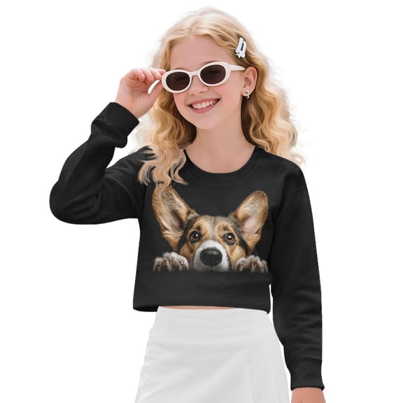 Xoenoiee Corgi Dog Print Girls Sweatshirt Long Sleeve Pullover Crop Tops Kids Lightweight Fleece Winter Clothes, 11-12 Years