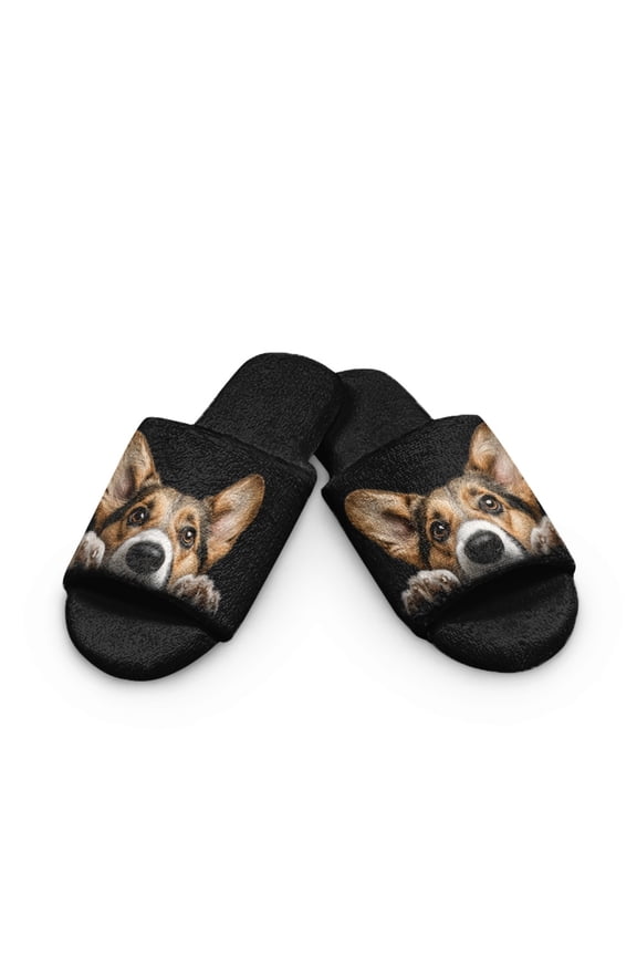 Corgi Dog Print Open Toe Slippers for Women Men Indoor, Breathable Cozy House Slippers Summer Slip On, Comfy Soft Flannel Bedroom Slippers, 4.5-5 Women/3.5-4.5 Men