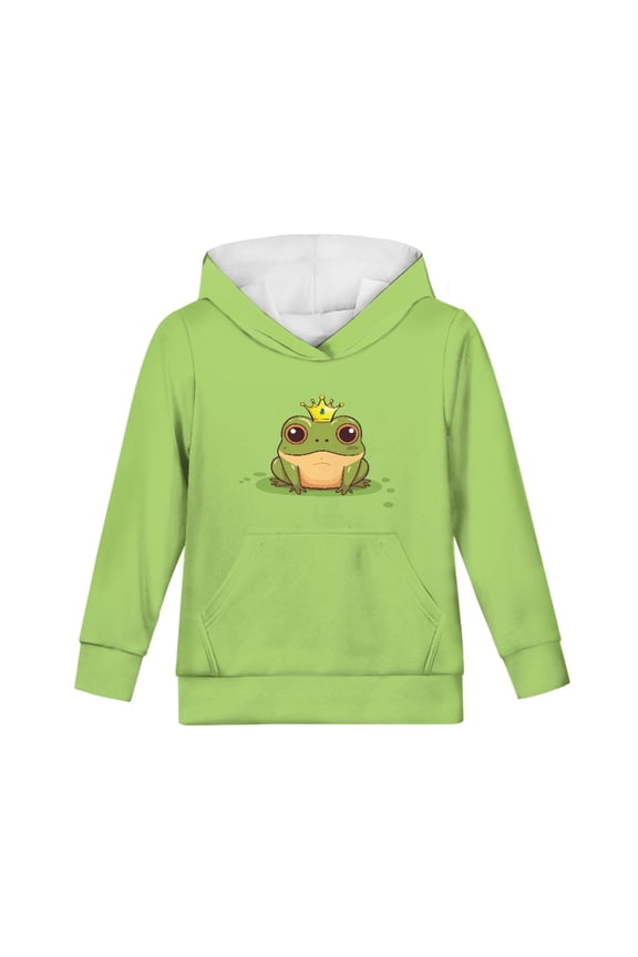 Cosy Hooded Sweater for Fall Winter Cartoon Frog Green Print Boys Girls Pullover Hoodies Long Sleeve Top with Kangaroo Pocket for Kids Walk Workout Travel, M