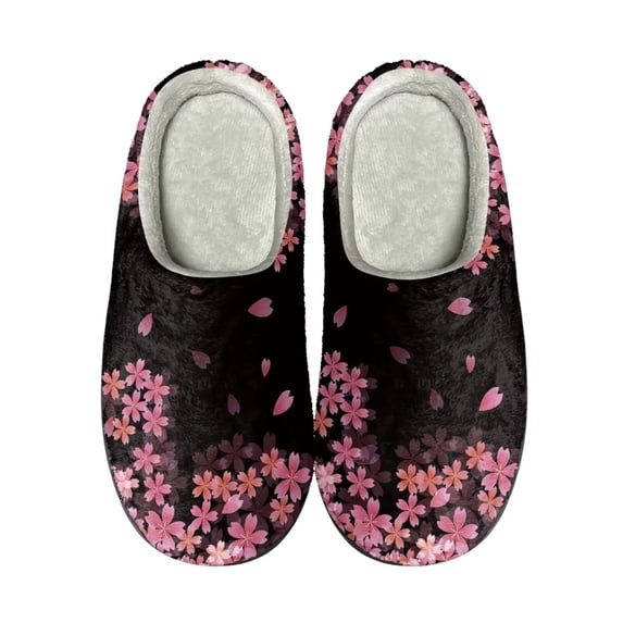 Xoenoiee Cosy Slippers for Winter Fuzzy Warm Slippers with Non-Skid Sole for Women Men Indoor Outdoor Slip-On House Shoes, Cherry Blossom Pink Black Pattern, 12-13 W/11-12 M