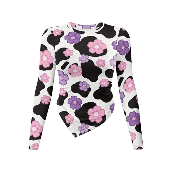 Xoenoiee Cow Cherry Blossom Print Women's Long Sleeve Round Neck Slim Fit Top Irregular Hem Asymmetrical Basic Tee Y2K Going Out Blouse, L