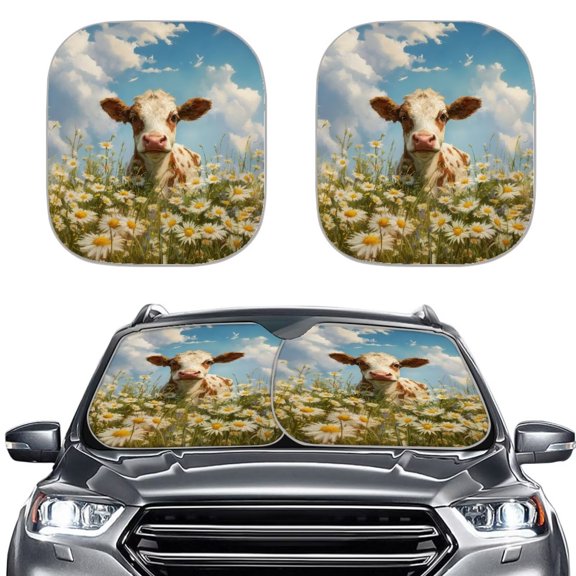 Xoenoiee Cow Daisy Cloud Print Auto Windshield Sun Shade Sunshade 2pcs for Car Front Window Automotive Windshield Sun Visor Shield Car Accessories Interior for Summer