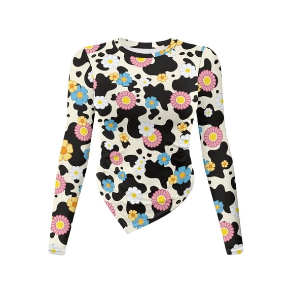 Xoenoiee Cow Daisy Flower Print Asymmetrical Tops Women Going Out Long Sleeve Crop Top Shirts 2025 Slim Fit Ruched Y2k Clothes Plus Size, L