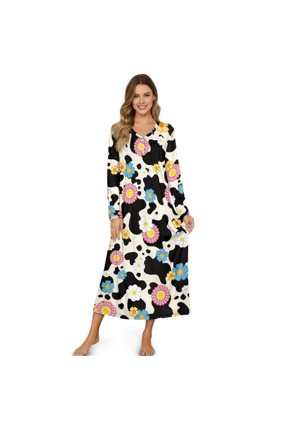 Cow Daisy Flower Print Nightgowns for Women House Dress Button Down Sleepshirt Moo Moos Long Sleeve Nightshirt Housecoat, 4XL