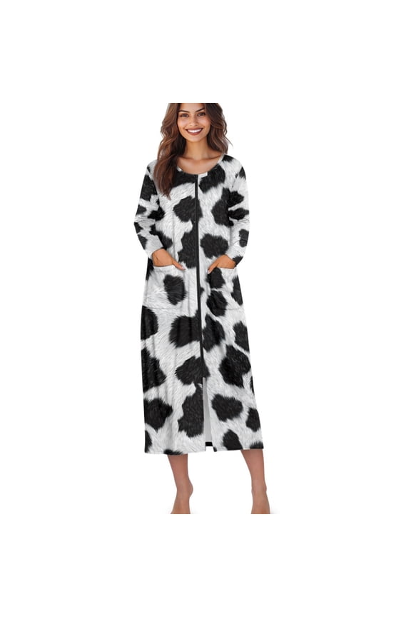 Cow Fur Print Zip Up Robes for Women Long Sleeves Zipper House Coat Bathrobes Lightweight Nightgown with Pockets, Size 4XL