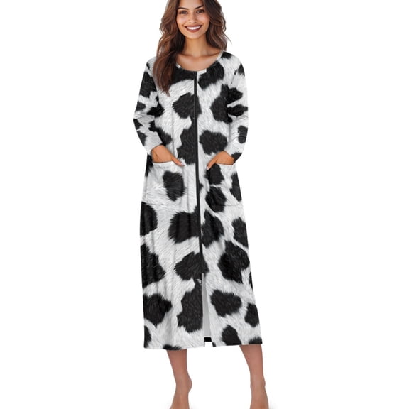 Xoenoiee Cow Fur Print Zip Up Robes for Women Long Sleeves Zipper House Coat Bathrobes Lightweight Nightgown with Pockets, Size XL