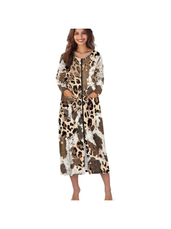 Cow Leopard Print Women Zipper Robes Long Sleeves Housecoat Lightweight Bathrobes Zip Up Robe Casual Nightgown with Pockets, L