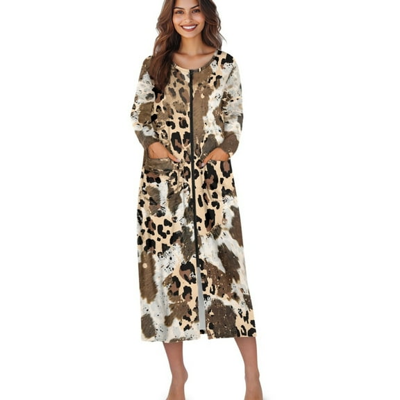 Xoenoiee Cow Leopard Print Women Zipper Robes Long Sleeves Housecoat Lightweight Bathrobes Zip Up Robe Casual Nightgown with Pockets, XL