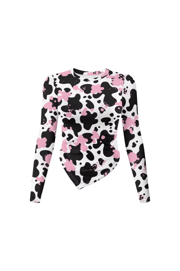 Cow Paint Splatter Print Asymmetrical Tops for Women Long Sleeve Casual Shirts Ruched Slit Fitted Basic Tees Y2k Going Out Tunic Top, Size L