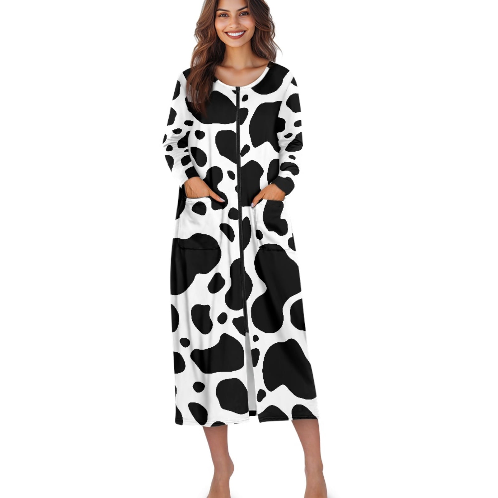 Xoenoiee Cow Pattern Zip Up Robes for Women Long Sleeves Zipper House ...