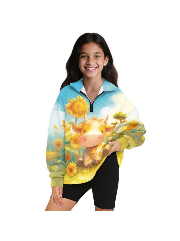 Cow Sunflower Print Girls Half Zipper Sweatshirts Cute Trendy Fall Pullover Long Sleeve Sweater Clothes Tunic Tops for Teen Girls, Size 11-12 Years