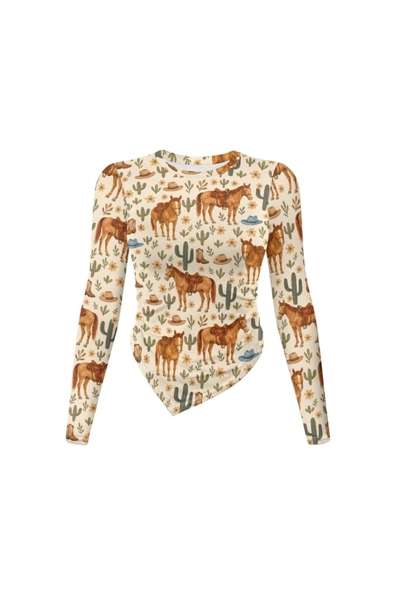 Cowboy Horse Cactus Hat Flower Print Women's Going Out Y2K T Shirts Long Sleeve Round Neck Fitted Tee Stretchy Blouse Trendy Asymmetrical Tops, Size M