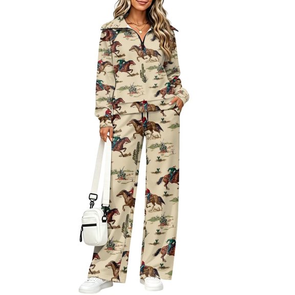 Xoenoiee Cowboy Horse Cactus Print Women 2 Piece Set Sweatsuits Lounge Fall Outfits Quarter Zip Pullover Wide Leg Pants & Pockets Matching Set, Casual Travel Airport Vacation Sweat Track Suits, 4XL