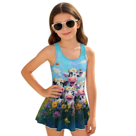 Xixirimido Cows Vibrant Floral Print Modest Girls’ Swimwear One Piece – Hawaiian Skirted Bathing Suit with Built-in Shorts, Sleeveless UPF 50+ Swimsuits, 12-13 Years