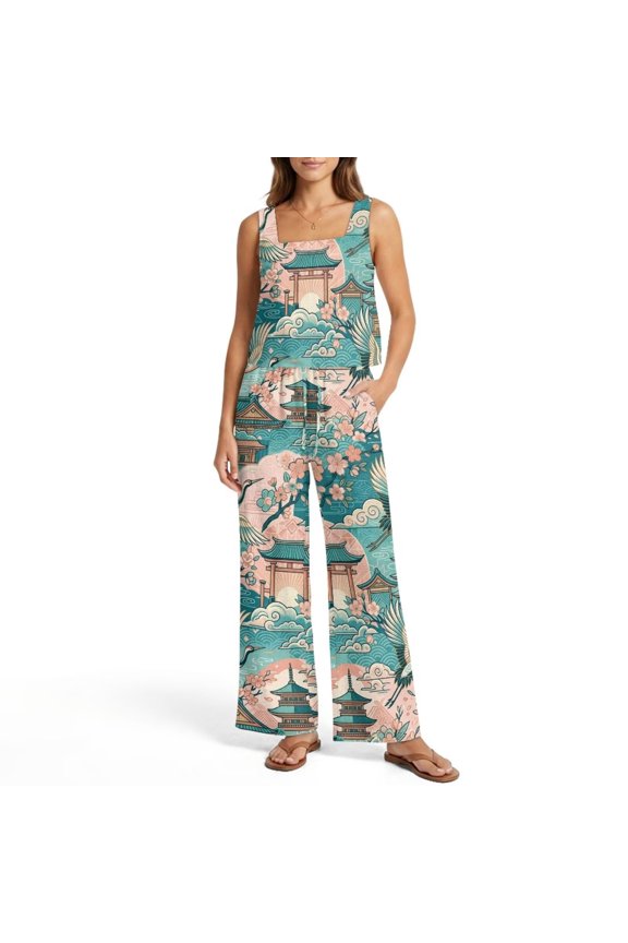 Crane Cherry Blossom Temple Print 2 Piece Outfit Sets for Women Cotton Linen Summer Crop Tank Top and Long Pants Lounge Sets Tracksuit Matching Set Resort Wear, Size M
