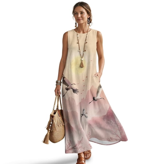 Xoenoiee Crane Mountain Cherry Blossom Print Women Tank Sundress Casual Sleeveless Round Neck Loose Wrinkle-Free Long Maxi Vacation Dress Linen Cocktail Party Madi Dresses with Pockets, Size M