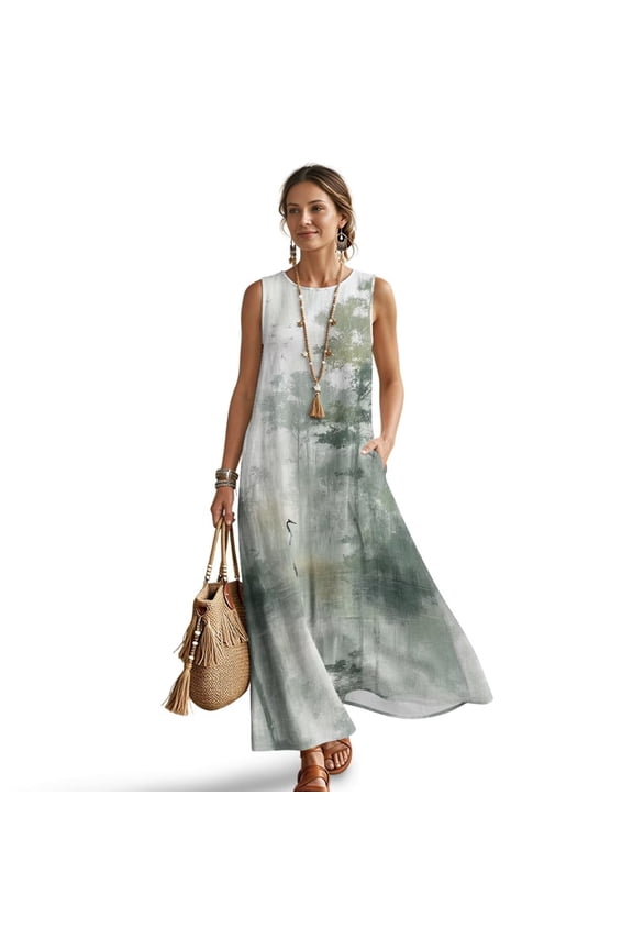 Crane Tree Plant Print Women's Boho Maxi Sundress 2026 Linen Summer Dress Round Neck Sleeveless Loose Tank Dress, Casual Flowy Beach Vacation Clothes with Pockets, 4XL