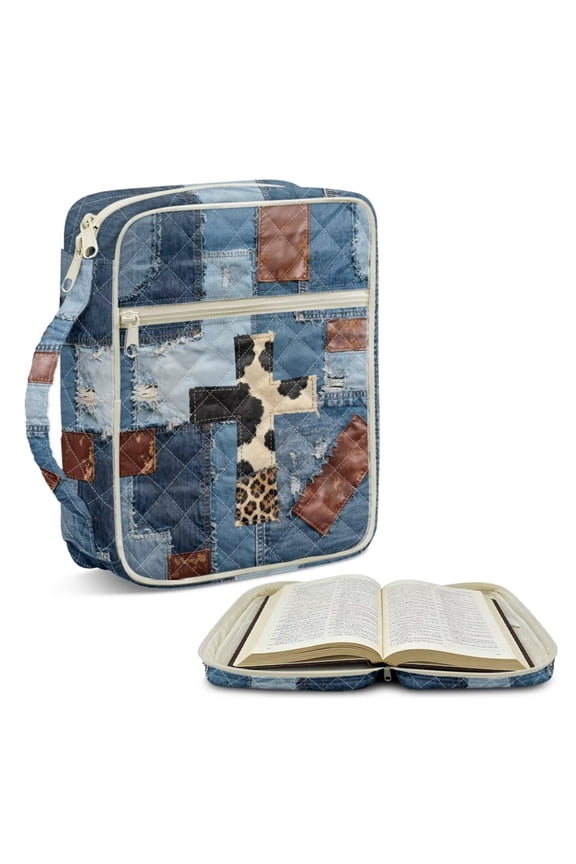 Cross Cow Leopard Pattern Quilted Bible Cover Case for Women Men, Denim Patchwork Large Bible Bag Bible Study Supplies Accessories Christian Gifts, Portable Tote Bag with Handle and Pocket