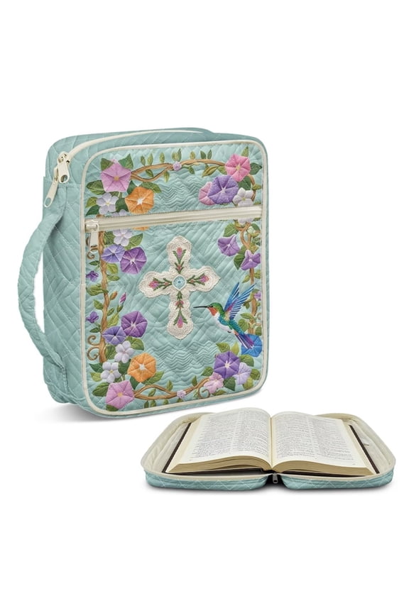 Cross Hummingbird Floral Pattern Bible Cover Case for Women Men, Large Quilted Bible Bag with Handle and Zippered Pocket, Christian Tote for Bible Study and Church