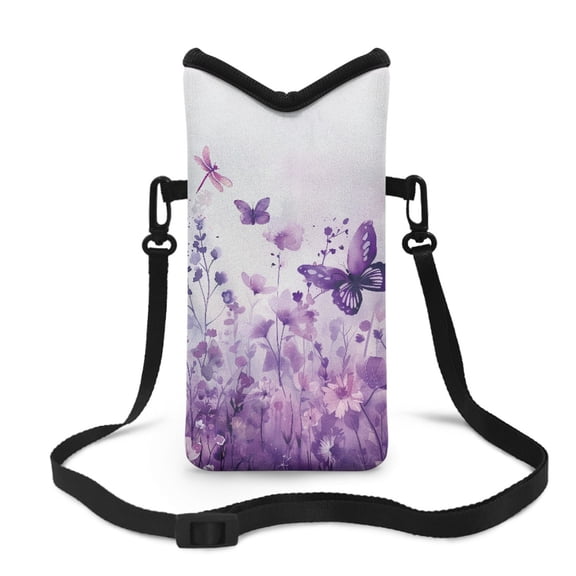 Xoenoiee Crossbody Phone Pouch Shockproof Neoprene Cellphone Bag Portable Phone Sleeve Case with Adjustable Strap Top Opening Phone Purse, 4 X 8 Inch, Butterfly Dragonfly Flower Violet
