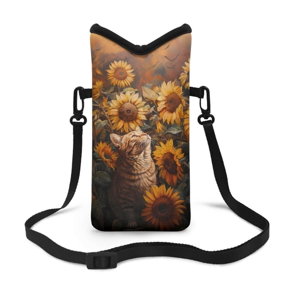 Xoenoiee Crossbody Phone Pouch Soft Neoprene Cellphone Bag Portable Phone Sleeve Case with Adjustable Strap Top Opening Phone Purse, 4 X 8 Inch, Cat Sunflower