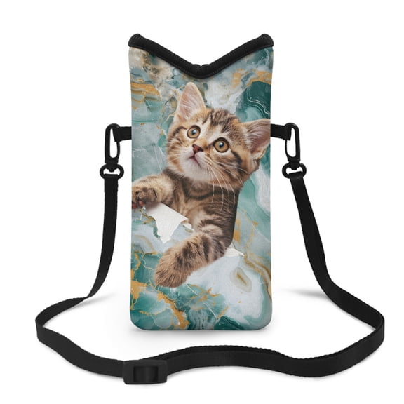 Xoenoiee Crossbody Phone Pouch Soft Neoprene Cellphone Bag Portable Phone Sleeve Case with Adjustable Strap Top Opening Phone Purse, 4 X 8 Inch, Cat Teal Golden Marble
