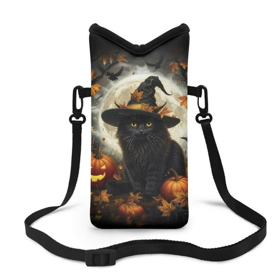 Xoenoiee Crossbody Phone Pouch Waterproof Neoprene Cellphone Bag Portable Phone Sleeve Case with Adjustable Strap Top Opening Phone Case, 4 X 8 Inch, Black Cat Crow Maple Leaf Pumpkin Hallowee
