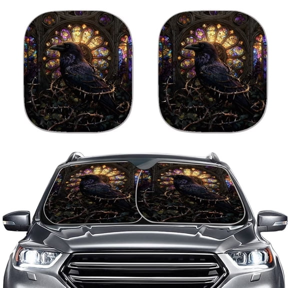 Xoenoiee Crow Raven Stained Glass Print Windshield Sun Shade, 2 PCS Car Sun Shade Windshield Blocks UV Rays, Keep Car Interior Cool, Foldable Windshield Sunshade for Hatchback, Truck, SUV, MPV