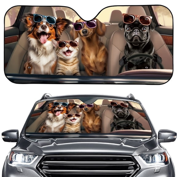 Xoenoiee Cute Dog Cat Print Car Front Windshield Sun Shade Summer Sun Blocker with Suction Cup UV Visor Reflector Keep Car Interior Cool Universal Fits Trucks, Sedans, SUVs