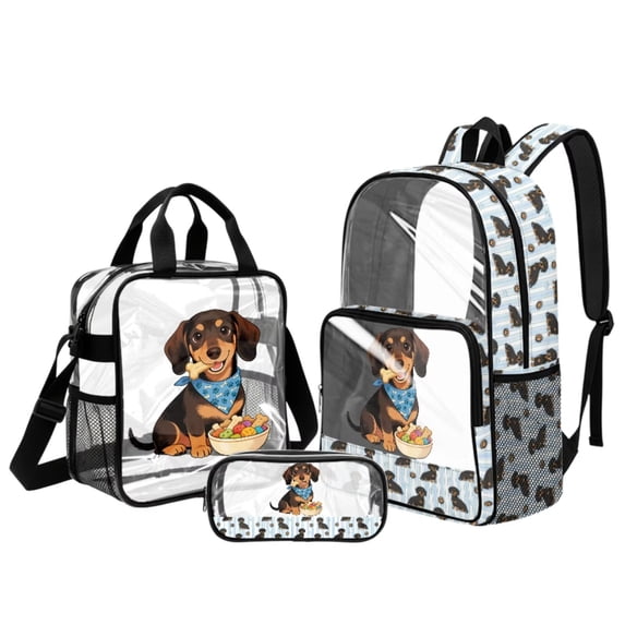 Xoenoiee Dachshund Bone Paw Print Kids Clear Backpack Set 3Pcs with Lunch Box Pencil Case Elementary School Bookbag Schoolbag Travel Daypack Transparent Rucksack Back to School Supplies for Girls