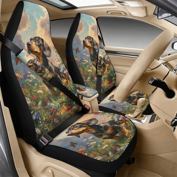 Xoenoiee Dachshund Butterfly Flower Print 5 Pack Car Seat Covers Full Set with Auto Seat Belt Cover and Car Arm Rest Cover, Faux Leather Auto Accessories Universal Fit