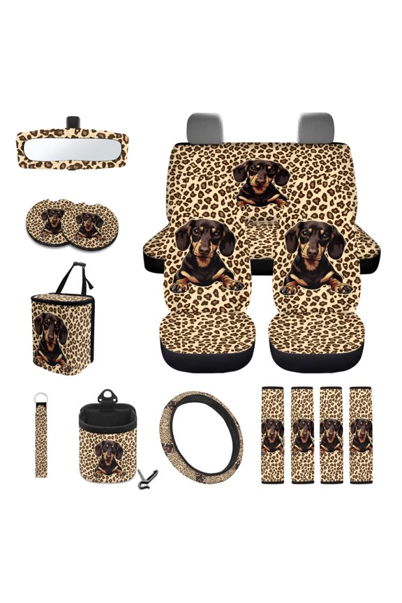 Dachshund Dog Leopard Print Car Seat Cover Full Set 15 Pieces, with Steering Wheel Cover Seatbelt Shoulder Pad Coasters Garbage Bins Rear View Mirror Cover Keychain Air Vent Storage Pouch