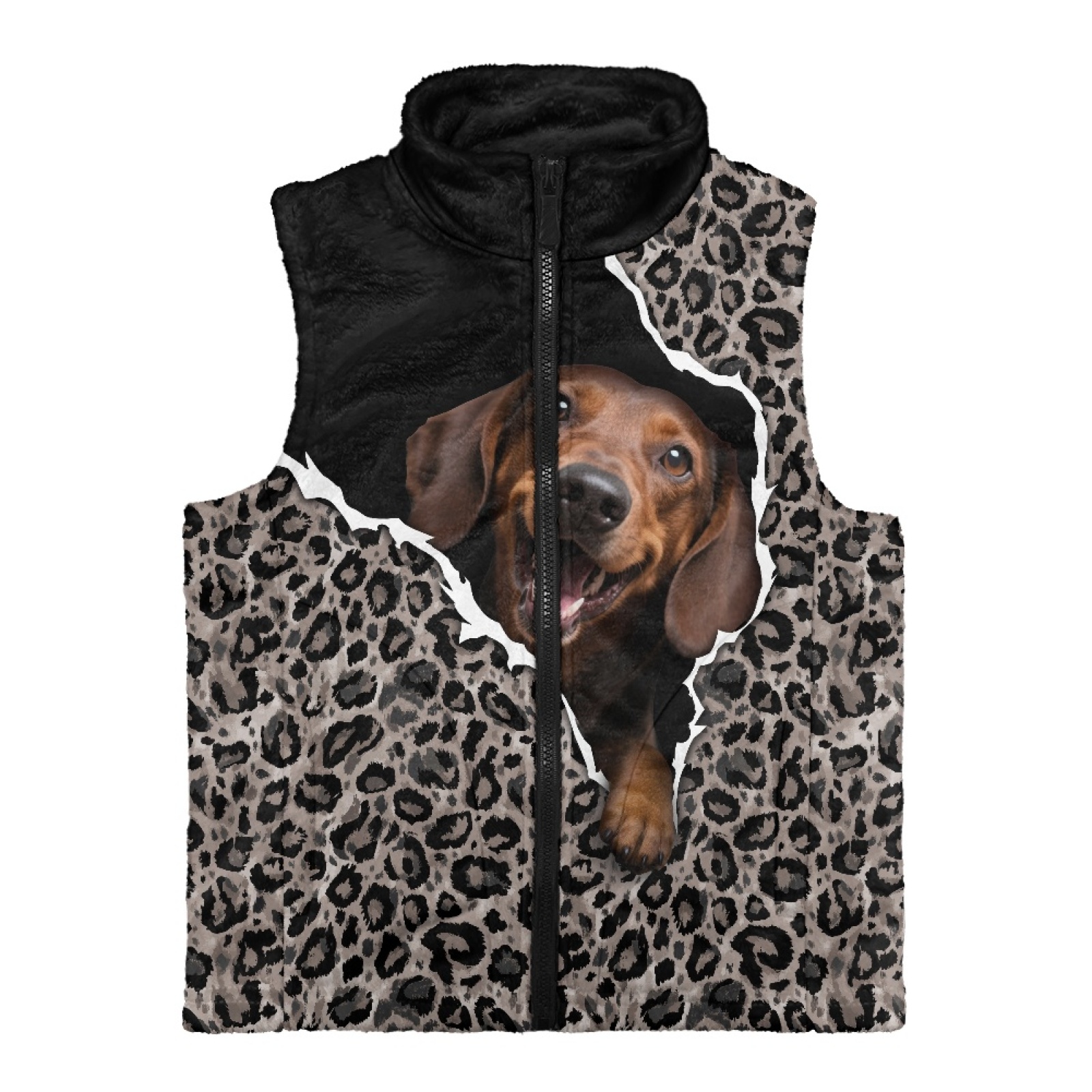 Xoenoiee Dachshund Leopard Print Fleece Outerwear Vests for Boys, Big Little Kids Sleeveless Zipper Coat Jacket Winter Spring Fall Warm Fleece Vest with Pockets, Size 3T