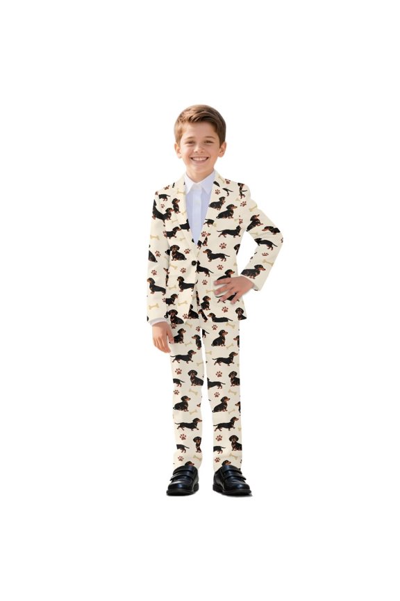 Dachshund Paw Bone Print Boys Suit 2 Piece St. Patrick's Day Tuxedo Suits for Boys Slim Fit Clothing Holiday Print Outfit for Kids, 6-7 Years