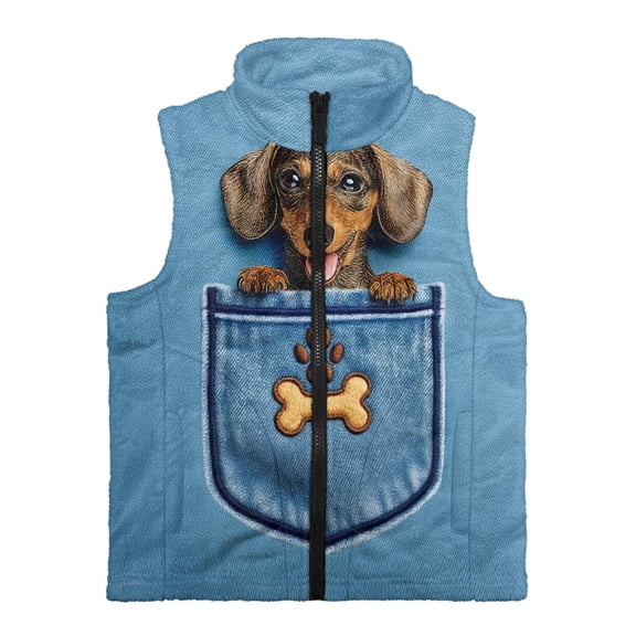 Xoenoiee Dachshund Paw Bone Print Kids Polar Fleece Vest, Soft Lightweight Sleeveless Zipper Jacket, Stand Collar Winter Warm Coat with Pockets for Boys, Size 11-12 Years