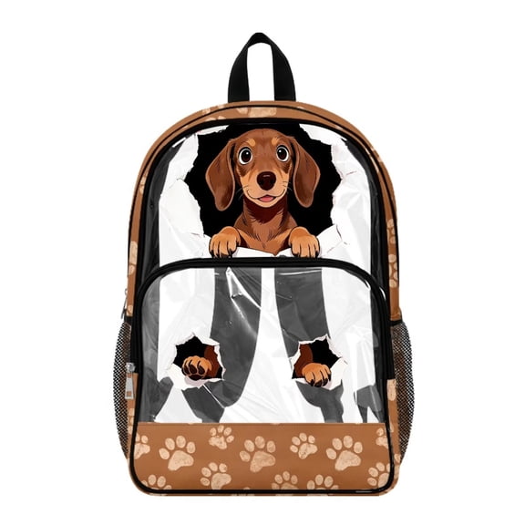 Xoenoiee Dachshund Paw Print Clear Backpack for Kids Teens Heavy Duty Transparent Bookbag for School College Work, 17 Inch See Through PVC Backpack Schoolbag with Adjustable Straps for Girls