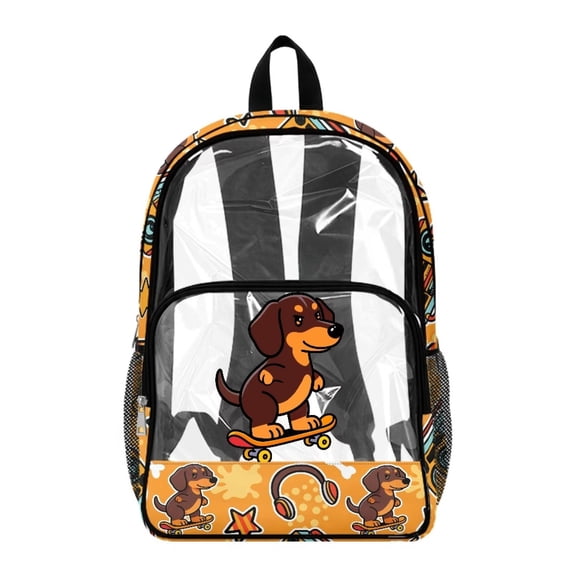 Xoenoiee Dachshund Skateboard Print Clear Backpack for Kids Girls Large Capacity Casual Daypack with Adjustable Padded Strap Heavy Duty Rucksack Transparent Bookbag Back to School Gifts for Teens