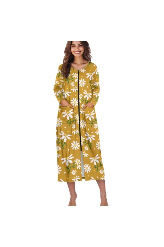 Daisy Flower Print Zipper Robes for Women Long Bathrobes Lightweight Full Length Housecoat with Pockets Comfy Loungewear Nightgown, Size 3XL