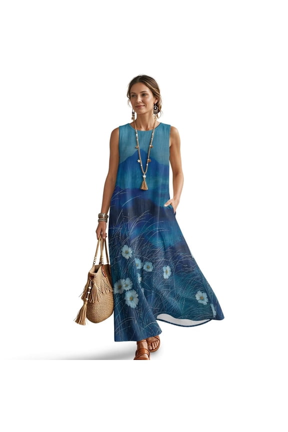 Daisy Grass Mountain Print Women's Cotton Linen Maxi Dresses Round Neck Sleeveless Flowy Linen Long Dress with Pockets, Lightweight Summer Beach Vacation Outfits, 3XL