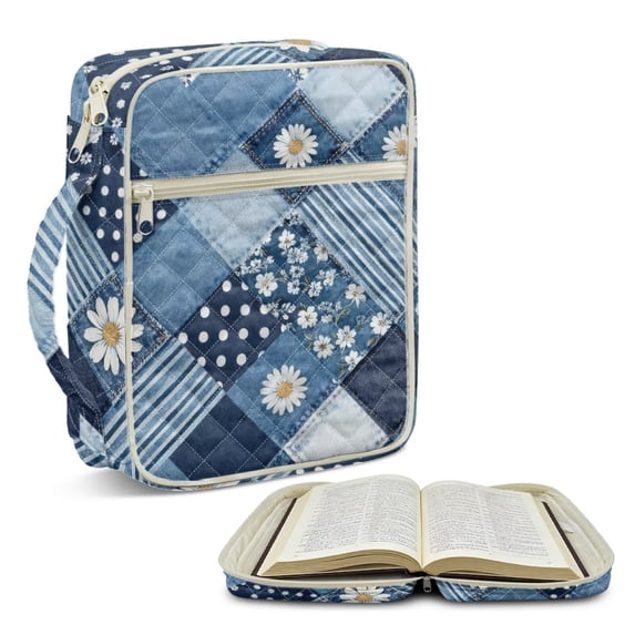 Xoenoiee Daisy Polka Dot Denim Patchwork Print Bible Cover Case for Women Large Bible Cover Bag Bible Study Supplies Accessories with Handle Quilted Bible Carrying Case Christian Gifts