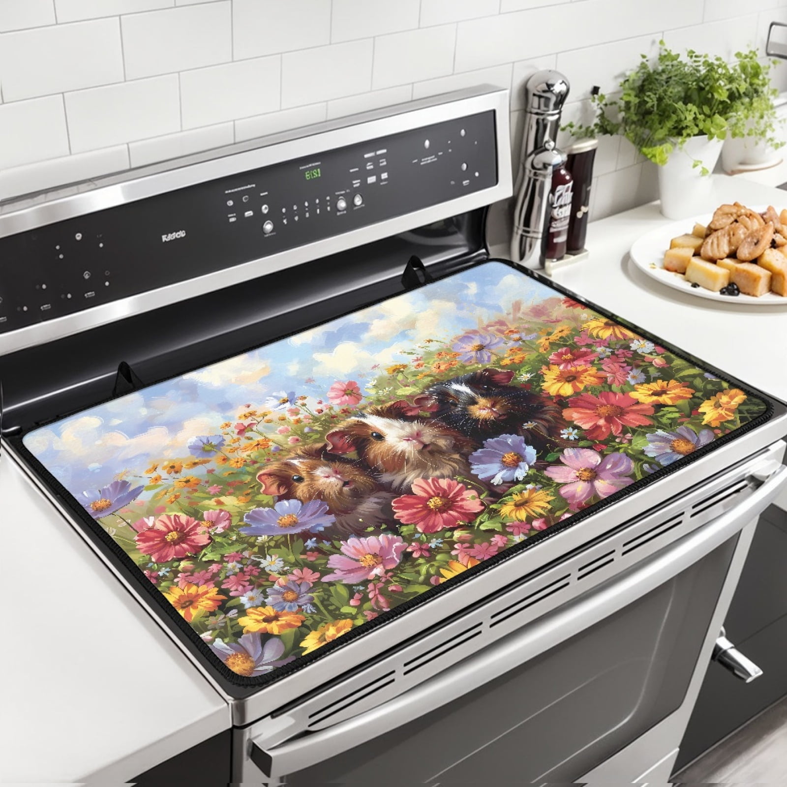 Xoenoiee Daisy Print Heat-Resistant Silicone Induction CooktopMat, Fireproof Stove Top Cover for Electric Stove, 29.18 x 20.96 inch Cooktop Protector with Hanging Loops