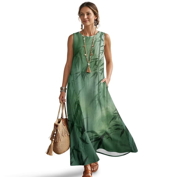 Xoenoiee Dark Green Tree Leaf Print Cotton Linen Summer Dresses for Women Hawaiian Crewneck Maxi Dress Beach Vacation Clothes Ankle-Length Sleeveless Boho Sundress with Side Pockets, Size S