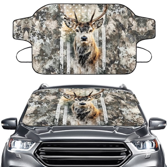 Xoenoiee Deer American Flag Camo Print Windshield Cover for Ice and Snow, Car Front Window Snow & Frost Cover, Complete Protection Winter Car Accessories for Sedan SUV Van