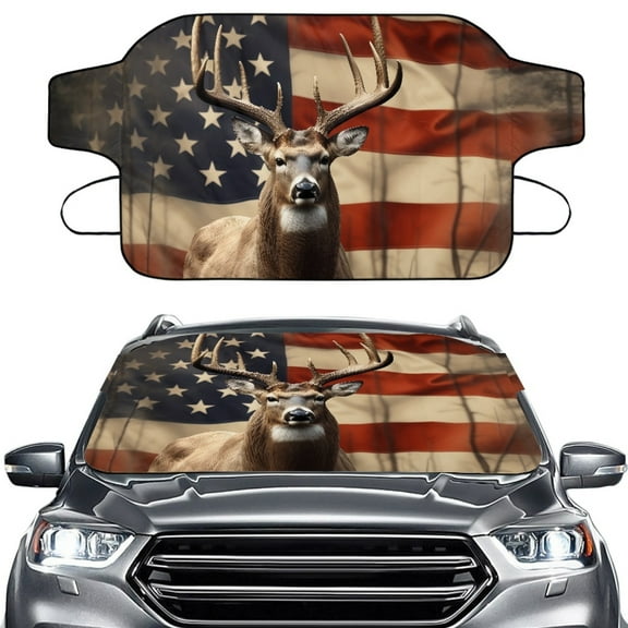 Xoenoiee Deer American Flag Print Windshield Cover for Ice and Snow Heavy Duty Windshield Protector for Cars, SUVs, Trucks, Waterproof Frost Cover Winter Car Accessories