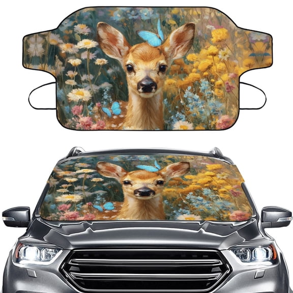 Xoenoiee Deer Butterfly Daisy Flower Print Car Windshield Snow Ice Cover, Windshield Cover for Ice and Snow, Foldable Car Windshield Sun Shade Fit for Sedan/SUV/Pickup/Truck/MPV