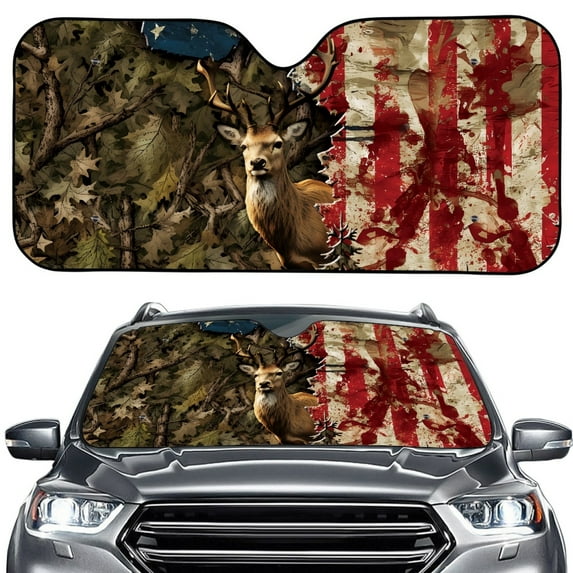Xoenoiee Deer Camo American Flag Pattern Car Windshield Sun Shade Foldable Auto Front Windshield Shade for Sun, Heat and UV Rays, Sunshade for Car Front Window and Interior Sun Protection
