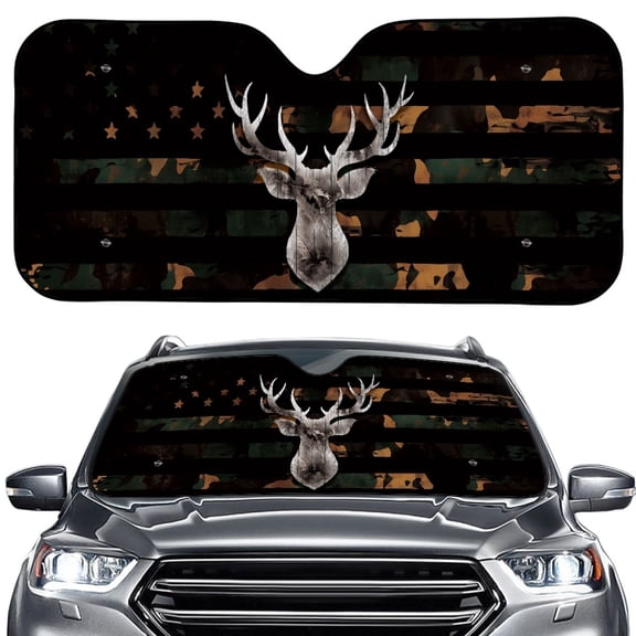 Xoenoiee Deer Camo American Flag Pattern Car Windshield Sunshade, Foldable Sun Visor Protector Accessories for Cars Trucks SUVs, Auto Front Window Shield Blocks UV Rays
